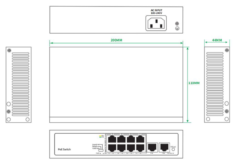 Неуправляемый РоЕ коммутатор, 10 портов (8 РоЕ RJ-45 х100Мбит/с + 2 Uplink RJ-45 х100Мбит/с); РоЕ IEEE802.3af/at до 30Вт/порт; РоЕ бюджет 90Вт; Поддержка VLAN, PoE Watchdog, PoE Priority (1-8 порты), Extend режим 220м (1-8 порты); AC 100-240В; -10~50℃; 245х190х60мм, вес: 0.98 кг.