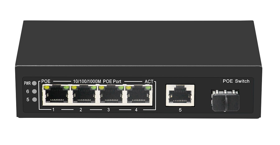 Коммутатор неуправляемый, 4PoE (802.3af/at) порта 1000Мбит/с, 1 Uplink порт 1000Мбит/с, 1 SFP порт 1000Мбит/с, 65W
