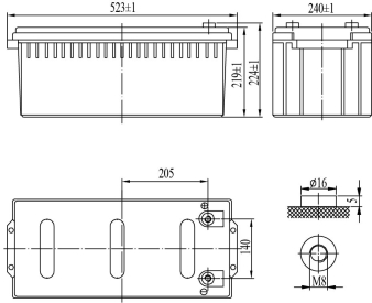 Аккумулятор 200 А/ч., 12В, 523х240х224 мм,