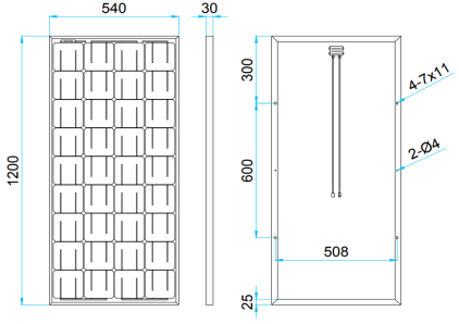 Солнечный модуль, Моно, Номинальная мощность 100Вт, Uном 12В, 1200x540x30, Кол-во элементов 36, 8 кг