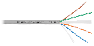 Кабель U/UTP 4 пары, Кат.6 (Класс E), тест по ISO/IEC, 250МГц, одножильный, BC (чистая медь), 23AWG (0,55мм), полимерный материал нг(А)-HF, внутренний, серый, 305м