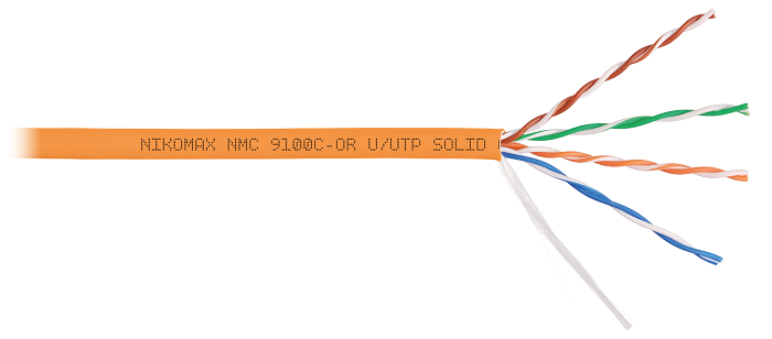 Кабель U/UTP 4 пары, Кат.5e (Класс D), тест по ISO/IEC, 100МГц, одножильный, BC (чистая медь), 24AWG (0,52мм), полимерный материал нг(А)-HF, внутренний, оранжевый, 305м