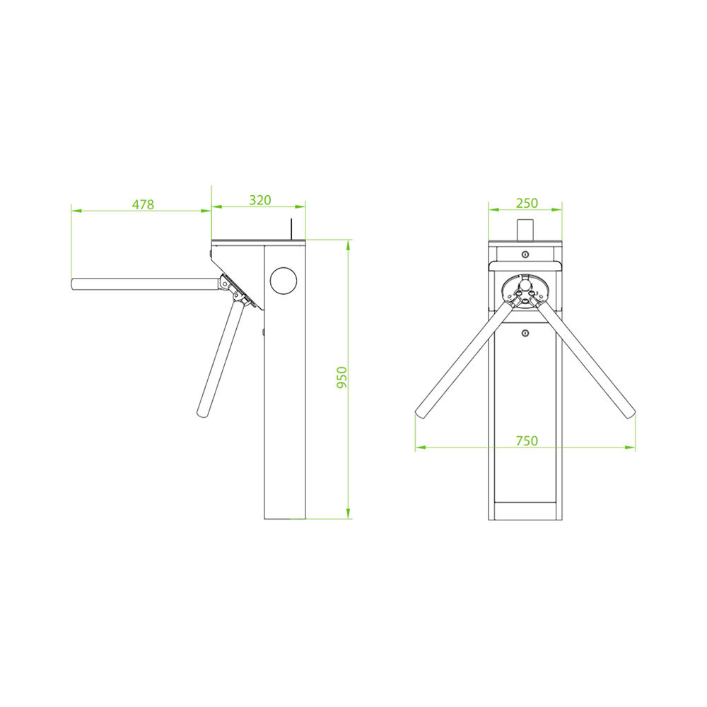 Компактный турникет-трипод, нержавеющая сталь, индикатор направления прохода, «антипаника», вход для кнопки аварийной разблокировки, -28°C - +60°C.