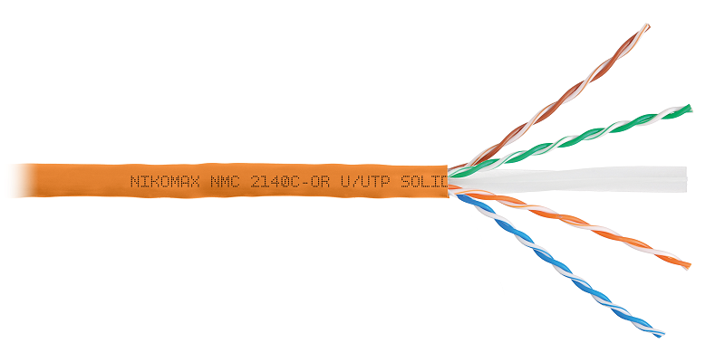 Кабель U/UTP 4 пары, Кат.6 (Класс E), тест по ISO/IEC, 250МГц, одножильный, BC (чистая медь), 24AWG (0,53мм), полимерный материал нг(А)-HF, внутренний, оранжевый, 305м
