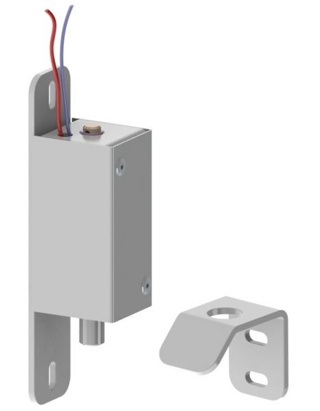 Электромеханический замок, усилие удержания 150 кг, нормально закрытый, с ригелем, кожухом и прямоугольным кронштейном крепления, DC 12В/0,65 А, цвет: серебро