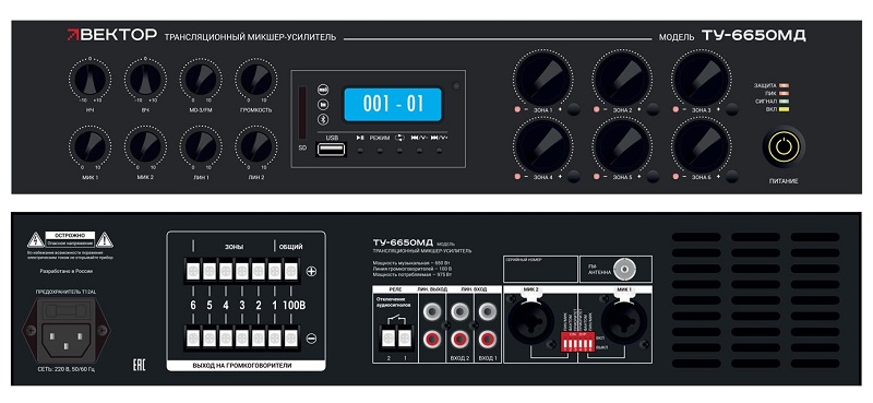 Комбинированный микшер-усилитель класс D, 6 зон c регулировкой уровня выходного сигнала. Мощность 650Вт/100В.  2 микр, с фантомным питанием и выбором приоритета 2 лин входа, 1  Aux вых. Цифровой AM\FM тюнер, MP3 плеер, Bluetooth. ИК-пульт в комплекте. Функция аварийного отключения. Питание 220В. Рэковое крепление в комплекте
