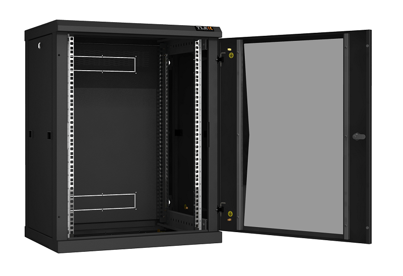 Настенный разборный шкаф TLK 19", 15U, стеклянная дверь, Ш600хВ770хГ450мм, 2 пары монтажных направляющих, черный