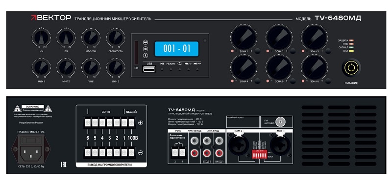 Комбинированный микшер-усилитель класс D, 6 зон c регулировкой уровня выходного сигнала. Мощность 480Вт/100В.  2 микр, с фантомным питанием и выбором приоритета 2 лин входа, 1  Aux вых. Цифровой AM\FM тюнер, MP3 плеер, Bluetooth. ИК-пульт в комплекте. Функция аварийного отключения. Питание 220В. Рэковое крепление в комплекте.