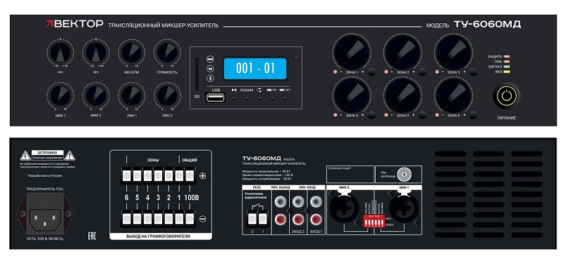 Комбинированный микшер-усилитель класс D, 6 зон c регулировкой уровня выходного сигнала. Мощность 60Вт/100В. 2 микр, с фантомным питанием и выбором приоритета 2 лин входа, 1  Aux вых. Цифровой AM\FM тюнер, MP3 плеер, Bluetooth. ИК-пульт в комплекте. Функция аварийного отключения. Питание 220В. Рэковое крепление в комплекте.