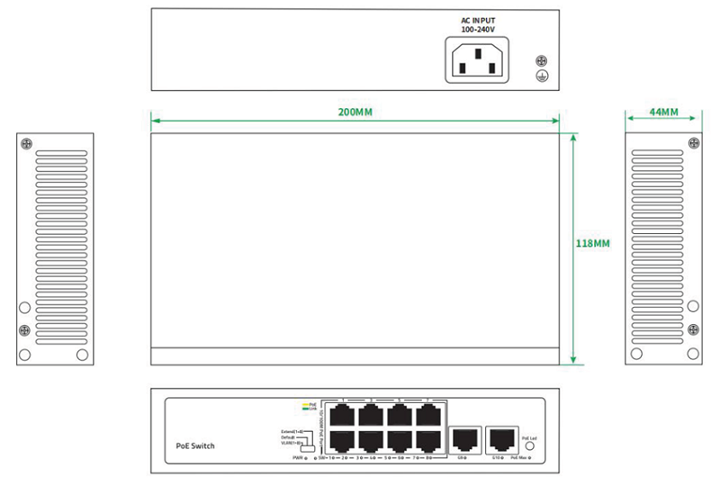 Неуправляемый РоЕ коммутатор, 10 портов (8 РоЕ RJ-45 х100Мбит/с + 2 Uplink RJ-45 х1Гбит/с); РоЕ IEEE802.3af/at до 30Вт/порт; РоЕ бюджет 90Вт; Поддержка VLAN, PoE Watchdog, PoE Priority (1-8 порты), Extend режим 220м (1-8 порты); AC 100-240В; -10~50℃; 245х190х60мм, вес: 0.98 кг.