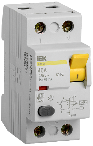 Выключатель дифференциального тока (УЗО), ВД1-63 2P 40А 30мА, KARAT IEK