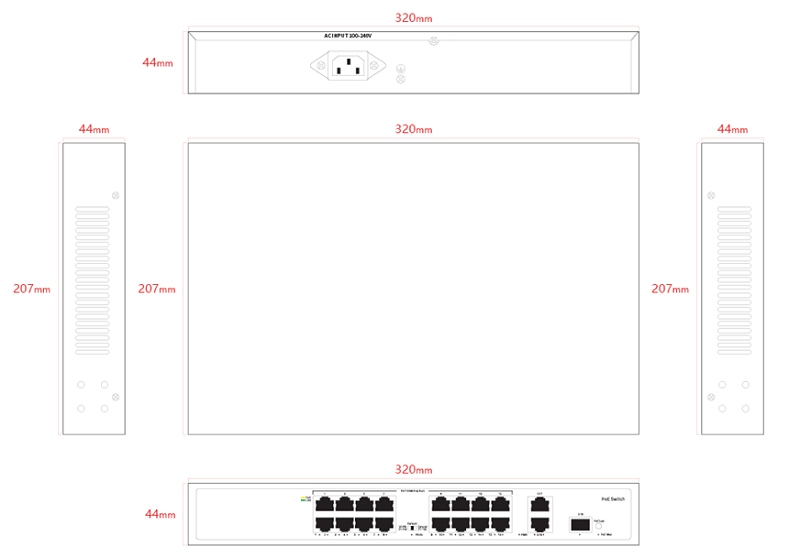 Неуправляемый РоЕ коммутатор, 19 портов (16 РоЕ RJ-45 х100Мбит/с + 2 Uplink RJ-45 х1Гбит/с + 1 Uplink SFP х1Гбит/с); РоЕ IEEE802.3af/at до 30Вт/порт; РоЕ бюджет 180Вт; Поддержка VLAN, PoE Watchdog, PoE Priority (1-16 порты), Extend режим 220м (1-16 порты); AC 100-240В; -10~50℃; 370х290х85мм, вес: 2.14 кг.