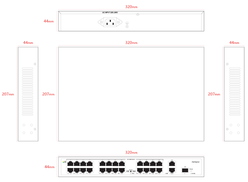 Неуправляемый РоЕ коммутатор, 27 портов (24 РоЕ RJ-45 х100Мбит/с + 2 Uplink RJ-45 х1Гбит/с + 1 Uplink SFP х1Гбит/с); РоЕ IEEE802.3af/at до 30Вт/порт; РоЕ бюджет 260Вт; Поддержка VLAN, PoE Watchdog, PoE Priority (9-24 порты), Extend режим 220м (9-24 порты); AC 100-240В; -10~50℃; 370х290х85мм, вес: 2.32 кг.