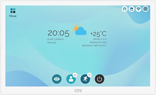 Монитор видеодомофона с технологией Touch Screen для управления работой и параметрами монитора,  IPS 10", 1024х600, до 2 панелей, до 2 видеокамер, SD до 256Gb, поддержка форматов AHD, TVI, CVI и CVBS, встроенный модуль Wi-Fi, поддержка P2P,  моб устройств с ОС Android, iOS. ПО CTV HOME, автоответчик,  функция фоторамки и часов,  встроенный источник питания  
