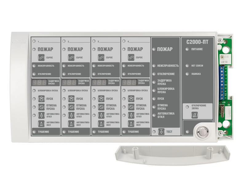 Блок индикации и управления на 4 направления пожаротушения. Индикация времени задержки пуска. Два интерфейса RS-485, питание от 10 до 28 В