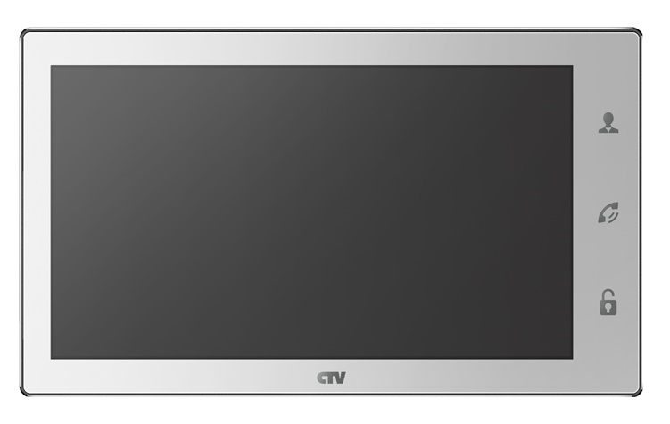 Монитор видеодомофона с экраном с технологией Touch Screen для управления OSD, IPS 10", 1024х600, до 2 панелей, до 2 видеокамер, SD до 64Gb,  стеклянная сенсорная панель управления "Easy Buttons", поддержка форматов AHD, TVI, CVI и CVBS с разрешением 1080p/720p/960H,  PiP (картинка в картинке), автоответчик, режим фоторамки, ожидания с индикацией времени, встроенный источник питания