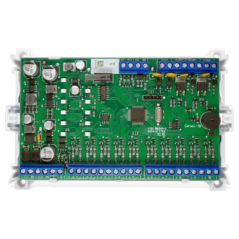 10 шлейфов, контроль адресных (ДИП-34ПА, С2000-ИП-ПА, ИПР513-3ПАМ) и не адресных извещателей, контроль цепей "Лампа" и "Сирена", два интерфейса RS-485, 5 выходных реле.