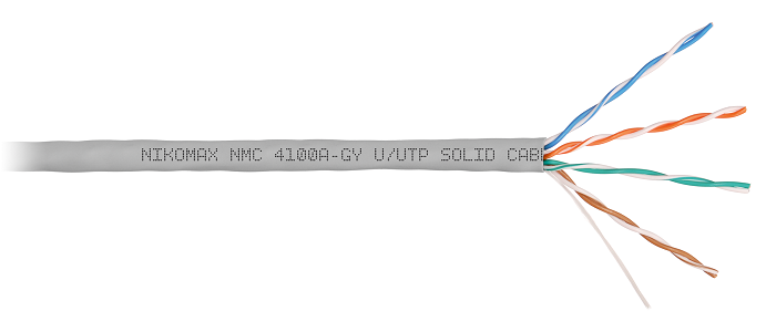 Кабель U/UTP 4 пары, Кат.5e (Класс D), тест по ISO/IEC, 100МГц, одножильный, BC (чистая медь), 24AWG (0,51мм), поливинилхлорид, внутренний, серый, 305м