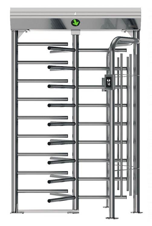 ПОЛНОРОСТОВОЙ роторный Турникет, Габариты: 1400х1395х2220. эл/мех  Исполнение: нержавеющая сталь, Комплектация: комплект считывателей (EM-Marine), планки 500мм, пульт управления с кабелем, ИК-пульт, всепогодное исполнение, "сухие контакты на плате управления".