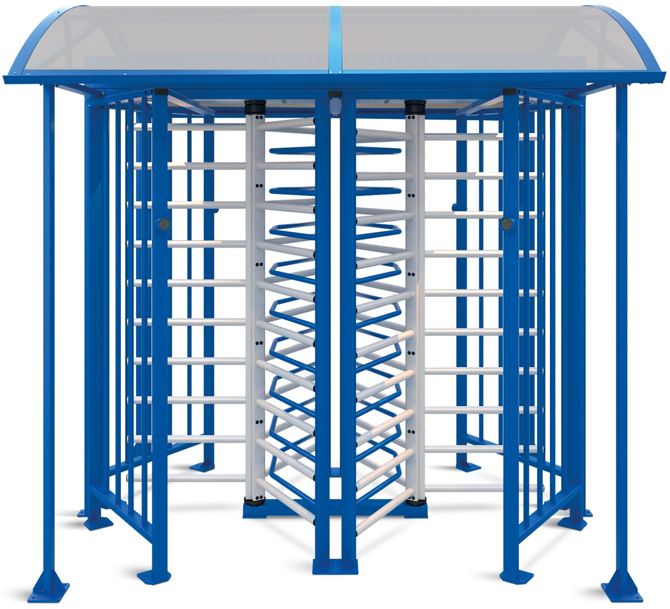Сдвоенный полноростовый роторный турникет с электромеханическим приводом. Для эксплуатации внутри помещений и на открытом воздухе. Исполнение: корпус – оцинкованная сталь, синий цвет; ротор, планки – оцинкованная сталь, светло-бежевый цвет