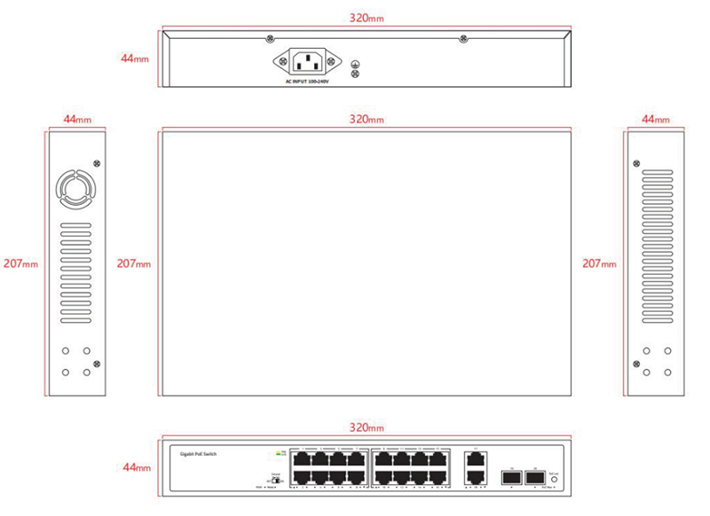 Неуправляемый РоЕ коммутатор, 20 портов (16 РоЕ RJ-45 х1Гбит/с + 2 Uplink RJ-45 х1Гбит/с + 2 Uplink SFP х1Гбит/с); РоЕ IEEE802.3af/at до 30Вт/порт; РоЕ бюджет 180Вт; Поддержка PoE Watchdog, PoE Priority (1-16 порты), Extend режим 220м (9-16 порты); AC 100-240В; -10~50℃; 370х290х85мм, вес: 2.28 кг.