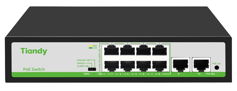 Неуправляемый РоЕ коммутатор, 10 портов (8 РоЕ RJ-45 х100Мбит/с + 2 Uplink RJ-45 х100Мбит/с); РоЕ IEEE802.3af/at до 30Вт/порт; РоЕ бюджет 90Вт; Поддержка VLAN, PoE Watchdog, PoE Priority (1-8 порты), Extend режим 220м (1-8 порты); AC 100-240В; -10~50℃; 245х190х60мм, вес: 0.98 кг.