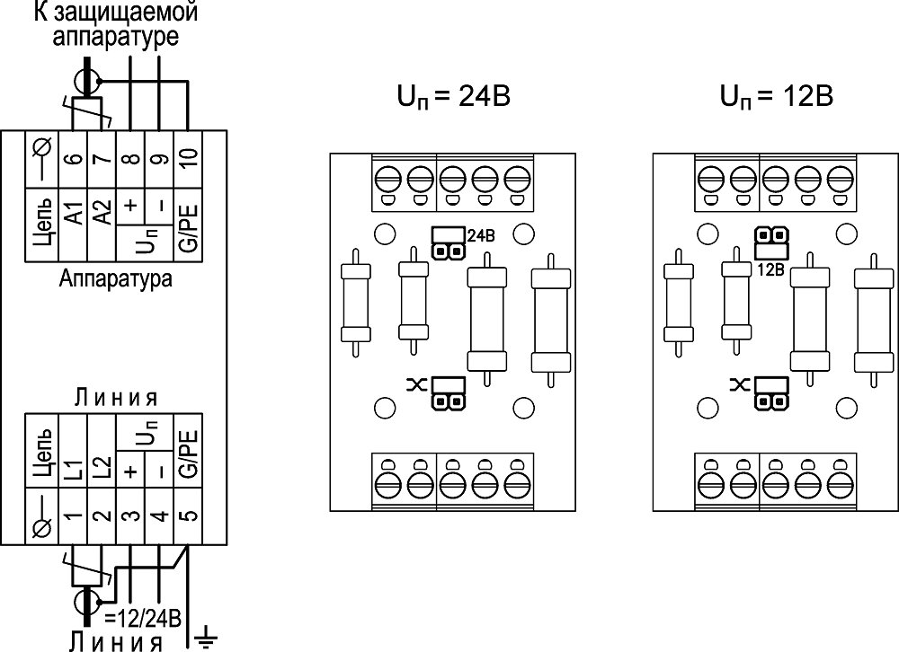 В устройство защиты коаксиальных, симметричных и питающих линий(12/24В); одна плата