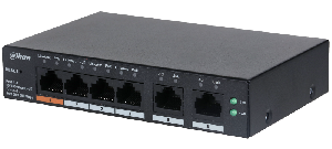 4-портовый PoE коммутатор с функцией облачного управления, 4 RJ45 10/100Мбит/с (PoE/PoE+/Hi-PoE), 2 RJ45 10/100/1000Мбит/с (uplink); мощность PoE: порт 1 до 60Вт, порты 2~4 до 30Вт, суммарно до 60Вт; PoE watchdog, передача до 250м; 57В(DC)