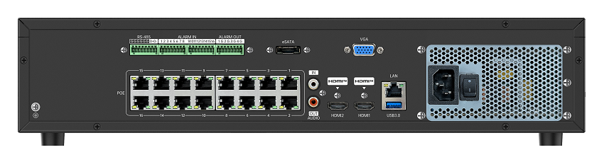IP видеорегистратор 32 канала, 16POE, Н.265(+)/264(+) (аудио G.711/AAC), разрешение до 12M(4000x3000), вх./исх.поток -640Мб/640Мб, запись 12M@32x25к/с, аудио RCA вход/выход, интерком, трев.вход/выход – 16/4, PoE (бюджет 200Вт, 802.3at/af, питание 4(5)/7(8), до 200метров), 2*USB 2.0/1*USB 3.0, SATA 8*10Тб, 24 х RJ45 10/100M, 2 х RJ45 100/1000M