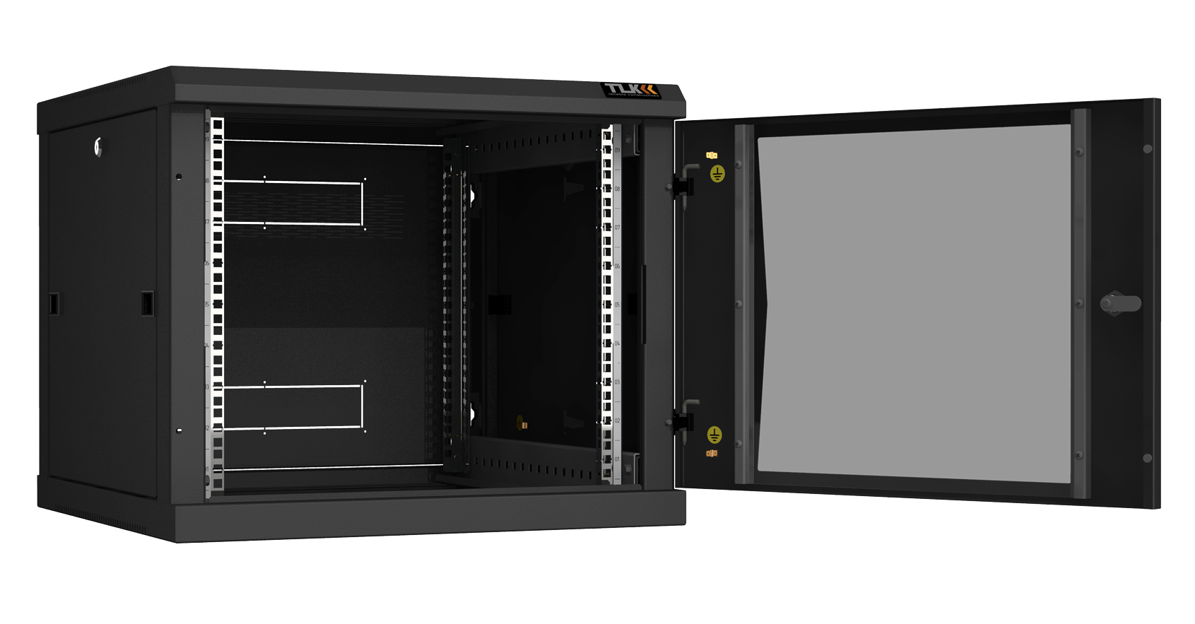 Настенный разборный шкаф TLK 19", 9U, стеклянная дверь, Ш600хВ503хГ600мм, 2 пары монтажных направляющих, черный