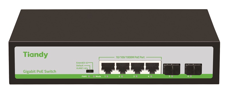 Неуправляемый РоЕ коммутатор, 6 портов (4 РоЕ RJ-45 х1Гбит/с + 2 Uplink SFP х1Гбит/с); РоЕ IEEE802.3af/at до 30Вт/порт, 1й порт до 40Вт; РоЕ бюджет 60Вт; Поддержка VLAN, PoE Watchdog, Extend режим 220м (3-4 порты); AC 100-240В; -10~50℃; 245х190х60мм, вес: 0.97 кг.