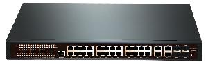 Коммутатор 802.3at/af (PoE) , 24xRJ45 / 24xPoE + uplink 2x10/100/1000 + 4SFP, 1, общий бюджет PoE 370W