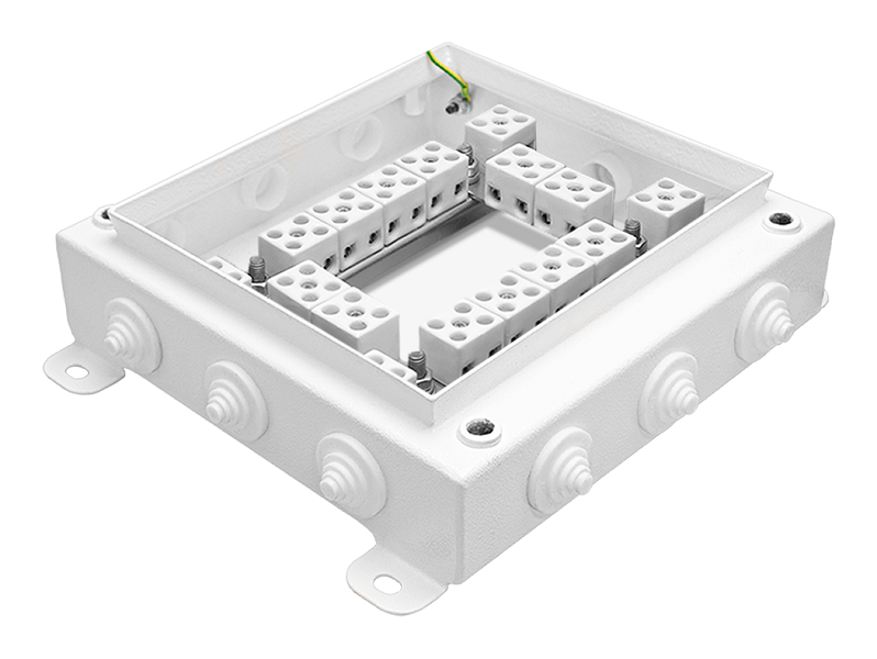 Коробка монтажная огнестойкая IP55, 12 вводов,  фарфоровый клеммник 32 контакта, до - 3 мм кв., 200х200х60 мм, Сталь оцинкованная 1,2 мм с полимерным покрытием (белый)
