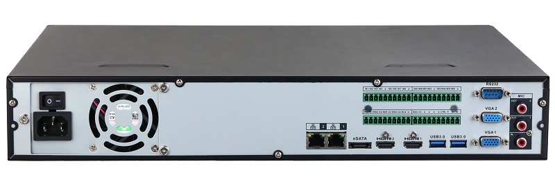 32-канальный IP-видеорегистратор 4K, H.265+ и ИИ, Входящий поток до 384Мбит/с; сжатие: H.265+, H.265, H.264+, H.264, MJPEG; разрешение записи до 32Мп; накопители: 4 SATA III до 16Тбайт; воспроизведение: 32кн@1080p, 2кн@32Мп; видеовыходы: 2 HDMI, 2 VGA; cеть: 2 RJ45 1000Мбит/с; aудиовх/вых: 1/2; тревожные вх./вых.: 16/6; питание: 100~240В(AC); видеоаналитика: 2кн детектор лиц и распознавание лиц (12лиц/с), 4кн охрана периметра, IVS, 8кн SMD Plus; видеоаналитика с камер: детектор лиц и распознавание лиц, распознавание номеров ТС, тепловая карта, подсчет людей, интеллектуальный поиск, POS, поддержка тепловизионных (TPC) и мультиматричных камер