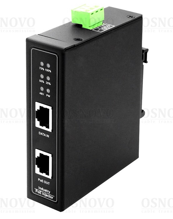 Промышленный PoE-инжектор Gigabit Ethernet на 30W. PoE IEEE 802.3af/at. Автоматическое определение PoE устройств. Мощность PoE - до 30W.  10/100/1000Base-T. вх. - RJ45 (10/100/1000 Base-T), вых. - RJ45(10/100/1000 Base-T, PoE, IEEE 802.3af/at). Встроенная грозозащита 6kV. 30x105x89 мм. Металлический корпус, на DIN-рейку и на стену. DC48-57V. -40...+80 гр. С.