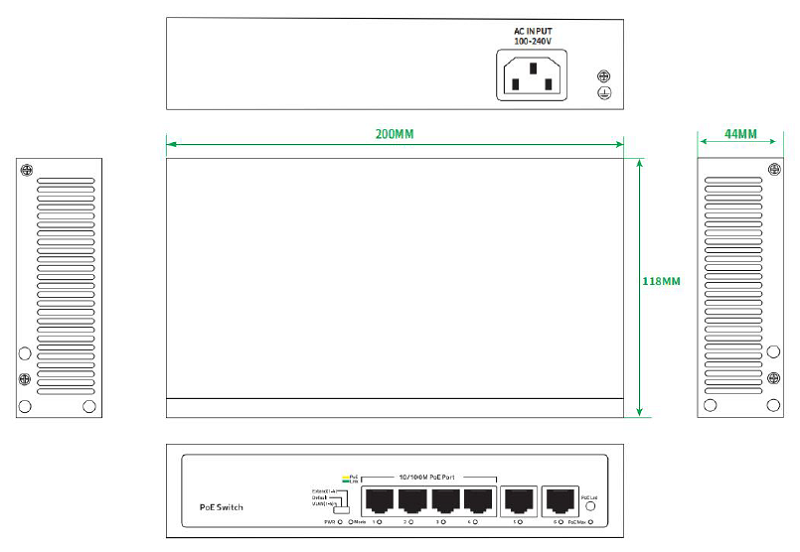 Неуправляемый РоЕ коммутатор, 6 портов (4 РоЕ RJ-45 х100Мбит/с + 2 Uplink RJ-45 х100Мбит/с); РоЕ IEEE802.3af/at до 30Вт/порт; РоЕ бюджет 55Вт; Поддержка VLAN, PoE Watchdog, PoE Priority (1-4 порты), Extend режим 220м (1-4 порты); AC 100-240В; -10~50℃; 245х190х60мм; Вес: 0.88 кг.