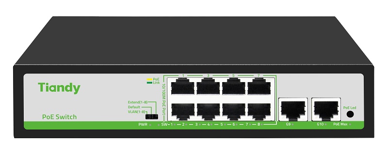 Неуправляемый РоЕ коммутатор, 10 портов (8 РоЕ RJ-45 х100Мбит/с + 2 Uplink RJ-45 х1Гбит/с); РоЕ IEEE802.3af/at до 30Вт/порт; РоЕ бюджет 90Вт; Поддержка VLAN, PoE Watchdog, PoE Priority (1-8 порты), Extend режим 220м (1-8 порты); AC 100-240В; -10~50℃; 245х190х60мм, вес: 0.98 кг.