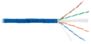 Кабель U/UTP 4 пары, Кат.6 (Класс E), тест по ISO/IEC, 250МГц, одножильный, BC (чистая медь), 23AWG (0,55мм), полимерный материал нг(А)-HF, внутренний, синий, 305м