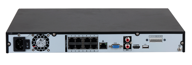 8-канальный IP-видеорегистратор c PoE, 4K, H.265+ и ИИ, Входящий поток до 256Мбит/с; сжатие: H.265+, H.265, H.264+, H.264, MJPEG; разрешение записи до 16Мп; 2 SATA III до 16Тбайт; воспроизведение: 8кн@4Mp, 2кн@16Мп; видеовыходы: 1 HDMI, 1 VGA; cеть: 1 RJ45 1000Мбит/с, 8 RJ45 100Мбит/с (PoE/PoE+, до 130Вт; тревожные вх/вых: 4/2; aудиовх/вых: 1/1; питание: 100~240В(AC); <br />
видеоаналитика: 1кн детектор лиц и распознавание лиц (12лиц/с), 2кн охрана периметра, IVS, 4кн SMD Plus; видеоаналитика с камер: детектор лиц и распознавание лиц, интеллектуальный поиск