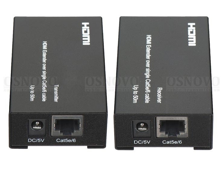 Комплект для передачи HDMI по одному кабелю витой пары CAT5e/6 до 50м. Разрешение до 1080p, 36бит(Deep Color). 