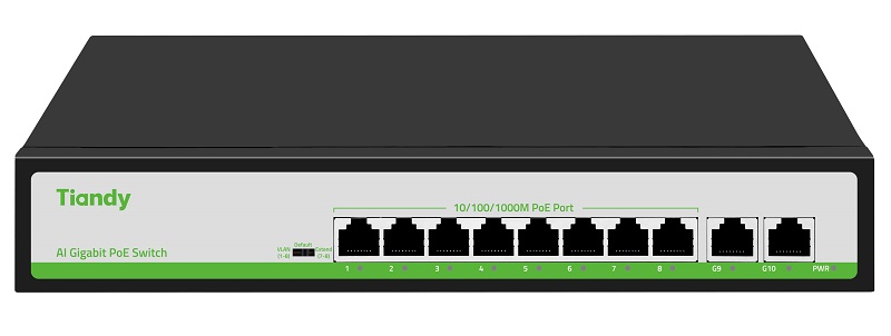 Неуправляемый РоЕ коммутатор, 10 портов (8 РоЕ RJ-45 х1Гбит/с + 2 Uplink RJ-45 х1Гбит/с); РоЕ IEEE802.3af/at до 30Вт/порт; РоЕ бюджет 110Вт; Поддержка VLAN, PoE Watchdog, PoE Priority (1-8 порты), Extend режим 220м (7-8 порты); AC 100-240В; -10~50℃; 315х215х85мм, вес: 1.38 кг.