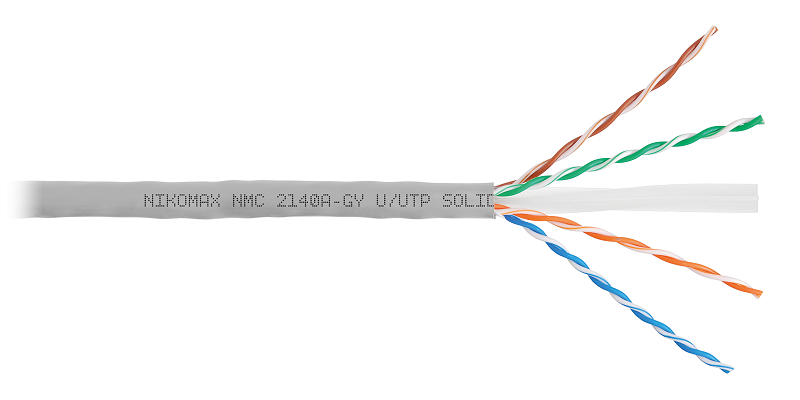 Кабель U/UTP 4 пары, Кат.6 (Класс E), тест по ISO/IEC, 250МГц, одножильный, BC (чистая медь), 23AWG (0,53мм), поливинилхлорид, внутренний, серый, 305м