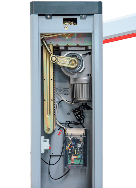 Стойка шлагбаума, до 6 метров, 230В, максимальное время закрытия/открытия - 6 сек, встроенный блок управления, радиоприемник, заглушки для прямоугольной стрелы, два четырехканальных пульта, монтажный набор