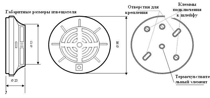 Тепловой  максимальный, индикация, 30мкА в дежурном режиме, ток в  режиме «Тревога» 30мА, 54°С- 65°С