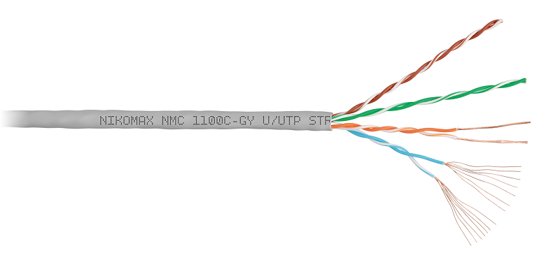 Кабель U/UTP 4 пары, Кат.5e (Класс D), 100МГц, многожильный, BC (чистая медь), 24AWG (7х0,2мм), полимерный материал нг(A)-HF, внутренний, серый, 305м