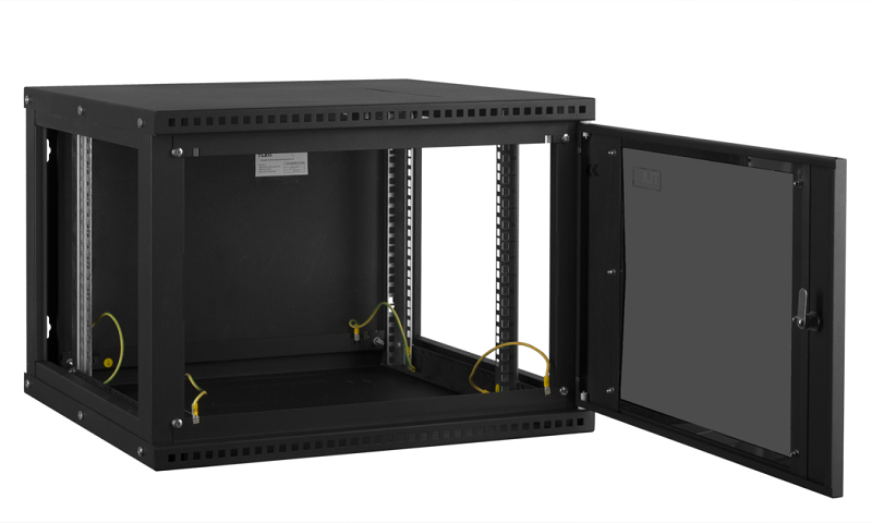 Настенный разборный шкаф 19", 9U, стеклянная дверь, Ш600хВ436хГ600мм, 2 пары монтажных направляющих, черный
