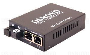 Оптический медиаконвертер Fast Ethernet. 2 медных порта (RJ45) 10/100Base-T (IEEE 802.3i, IEEE 802.3u, IEEE 802.3x), 1 оптический порт (SC, tx1310нм/rx1550нм) 100Base-FX. Дальность передачи по оптической линии до 20км 