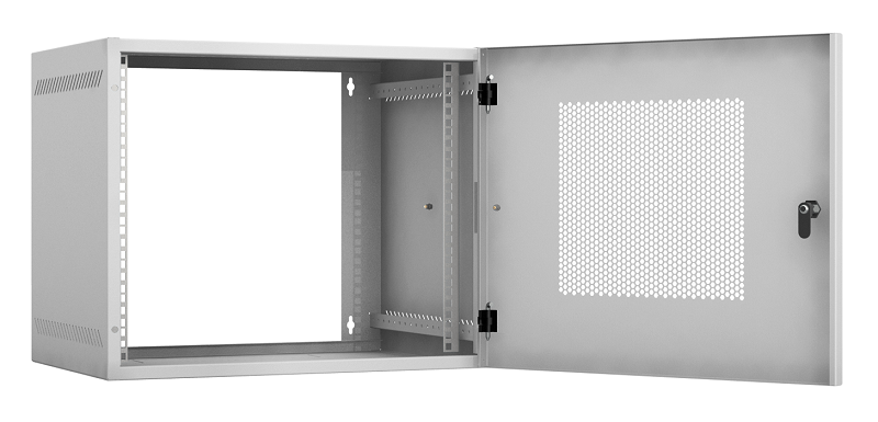Настенный шкаф 19", 9U, перфорированная дверь, Ш540хВ440хГ400мм, 1 пара монтажных направляющих, сварной, серый