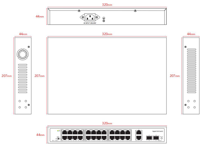 Неуправляемый РоЕ коммутатор, 28 портов (24 РоЕ RJ-45 х1Гбит/с + 2 Uplink RJ-45 х1Гбит/с + 2 Uplink SFP х1Гбит/с); РоЕ IEEE802.3af/at до 30Вт/порт; РоЕ бюджет 260Вт; Поддержка PoE Watchdog, PoE Priority (1-16 порты), Extend режим 250м (17-24 порты); AC 100-240В; -10~50℃; 370х290х85мм, вес: 2.28 кг.