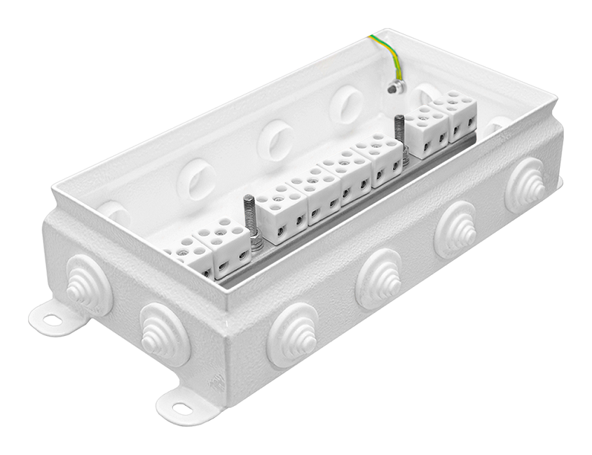 Коробка монтажная огнестойкая IP55, 12 вводов,  фарфоровый клеммник 16контакта, до - 3 мм кв., 123х240х60 мм, Сталь оцинкованная 1,2 мм с полимерным покрытием (белый)
